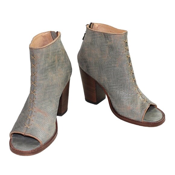 Bed Stu Onset Gray Washed Peep Toe Stacked Heel Bootie, 6.5 - Picture 7 of 9